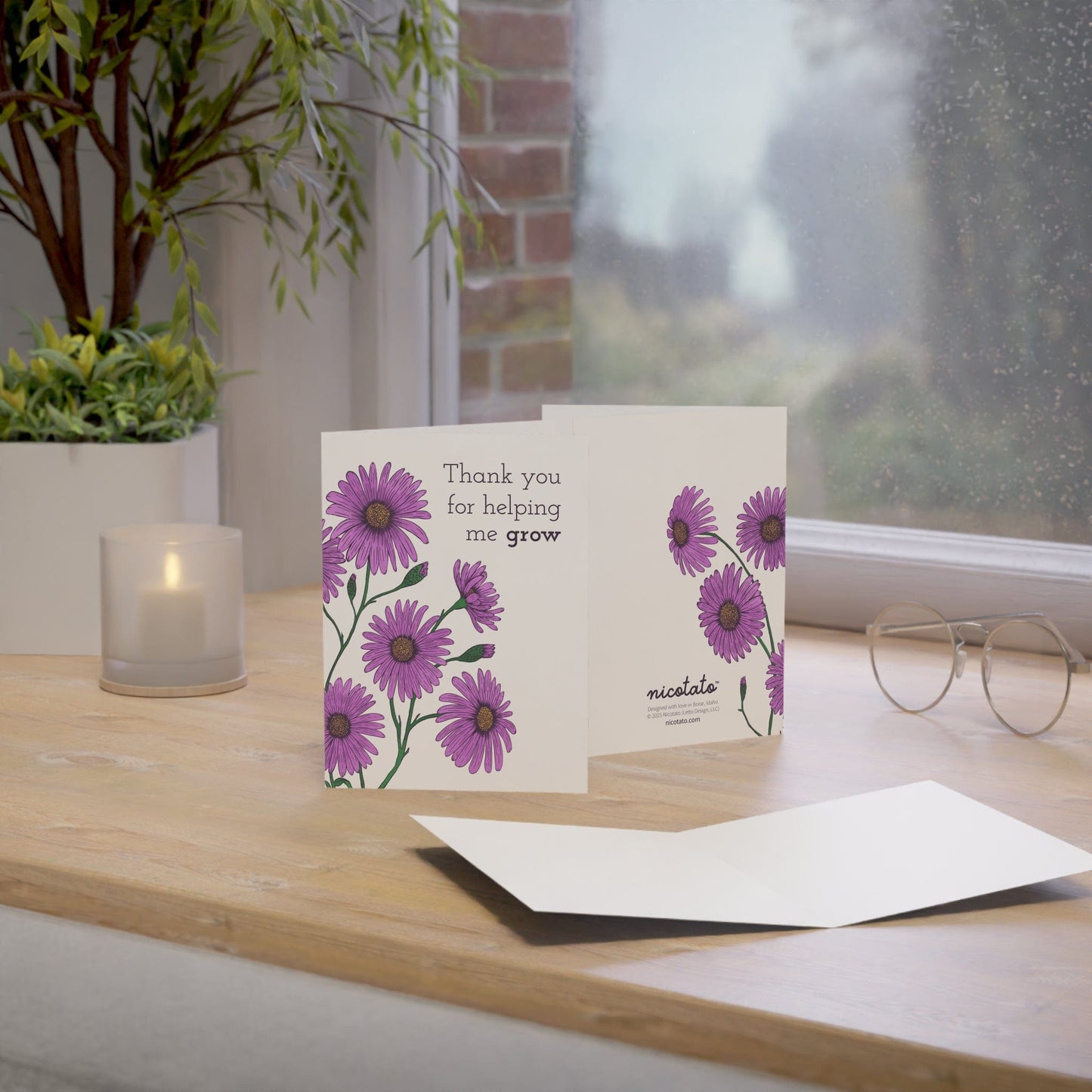 Thank you for helping me grow - Greeting Card featuring hand drawn Aster Flowers