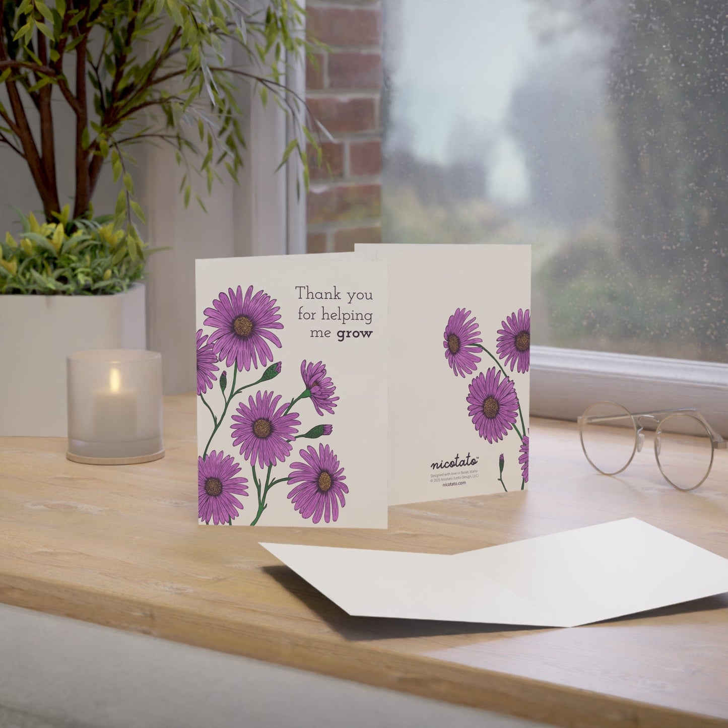 Thank you for helping me grow - Greeting Card featuring hand drawn Aster Flowers
