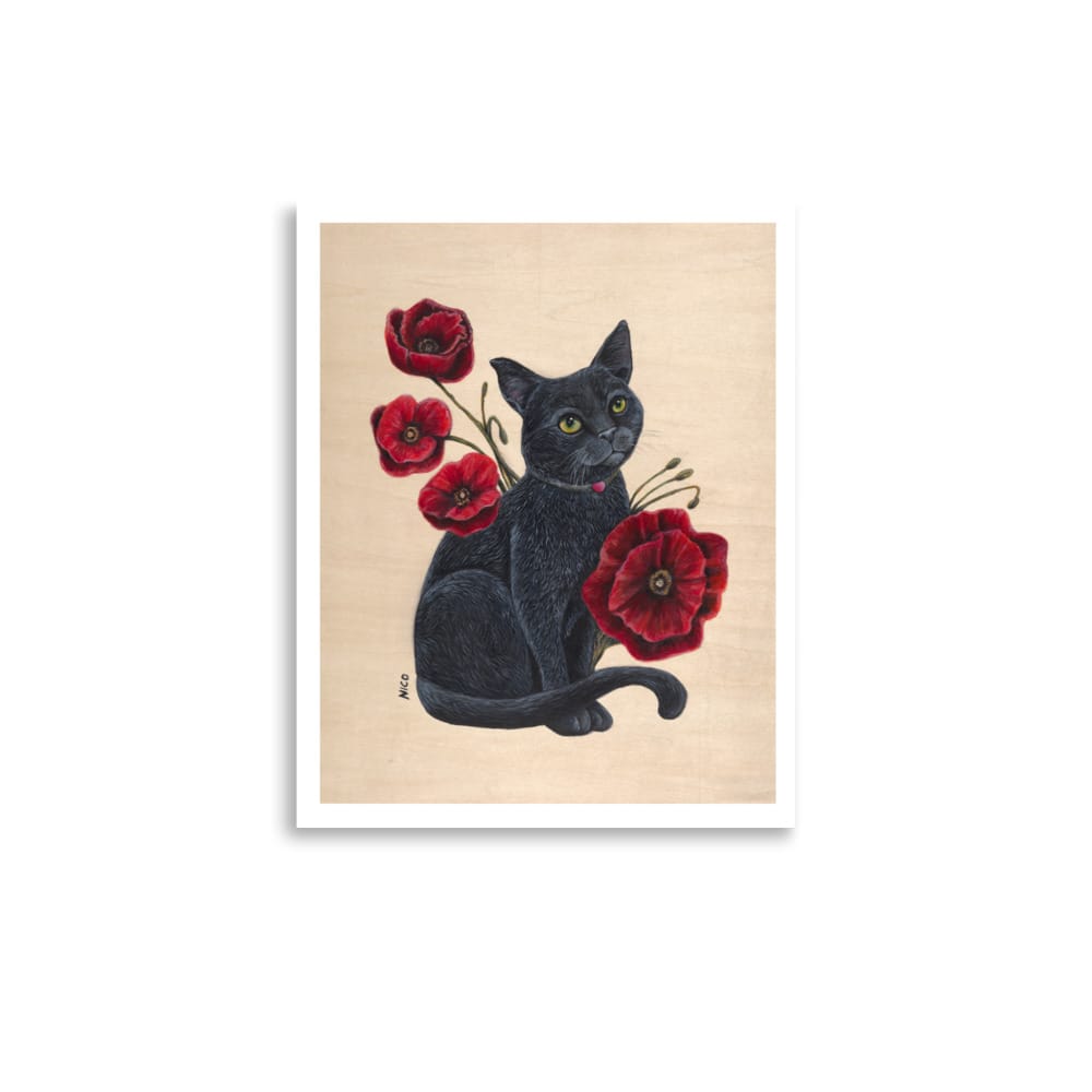 11″×14″ Black Cat with Red Poppies Art Print