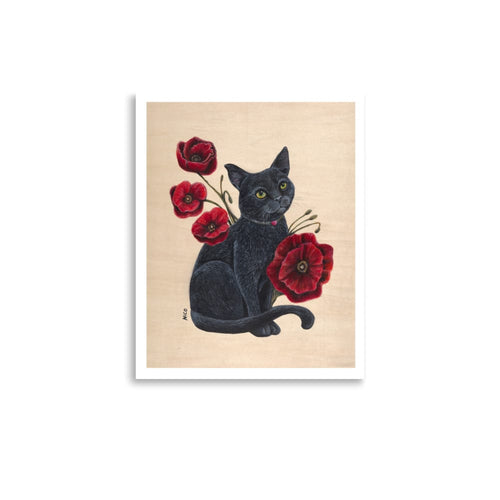 11″×14″ Black Cat with Red Poppies Art Print
