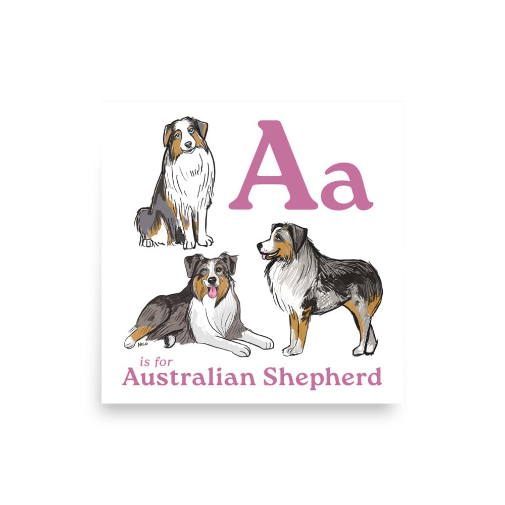 14″×14″ A is for Australian Shepherd Art Print | Kids Room Art