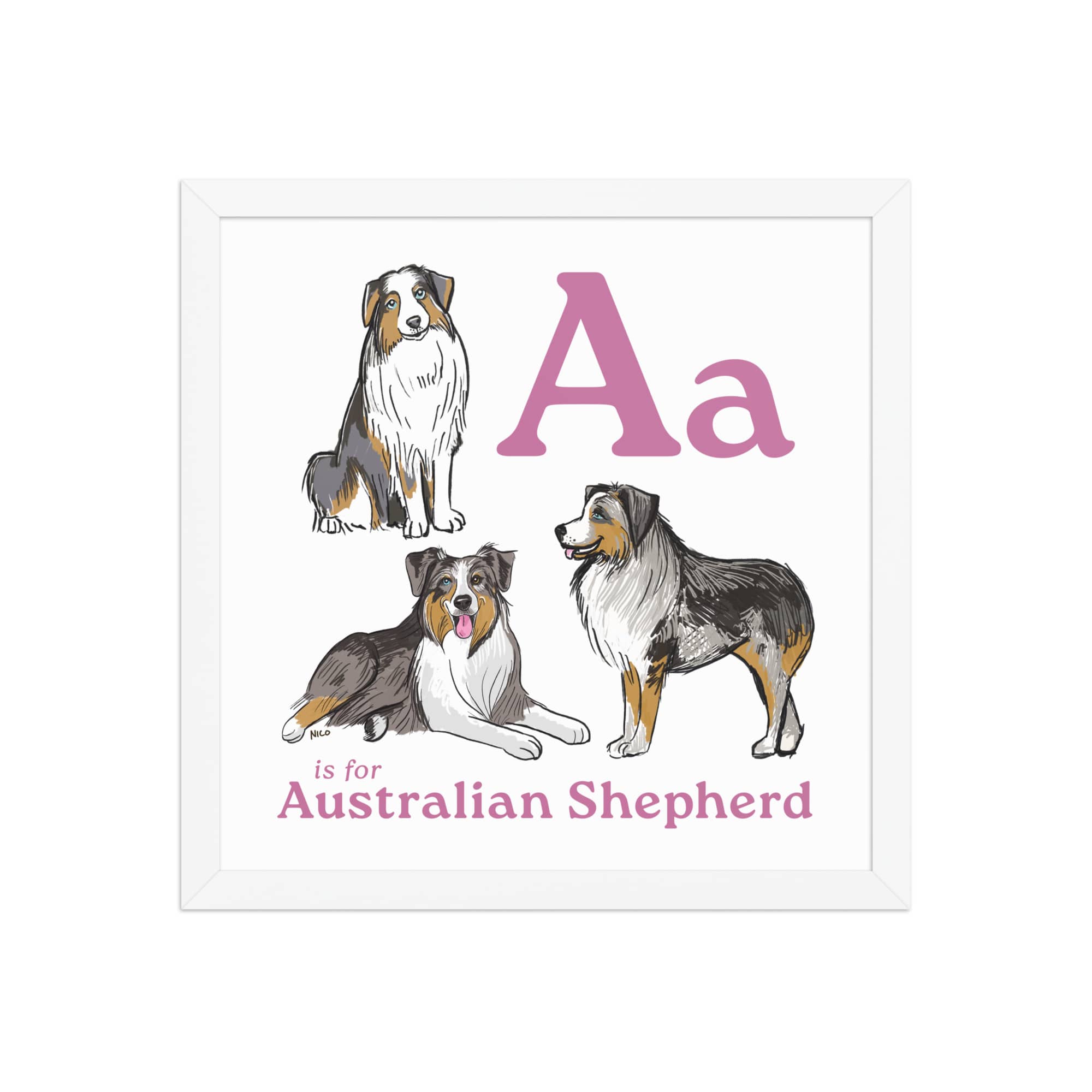 14″×14″ A is for Australian Shepherd Framed Print | Kids Room Art