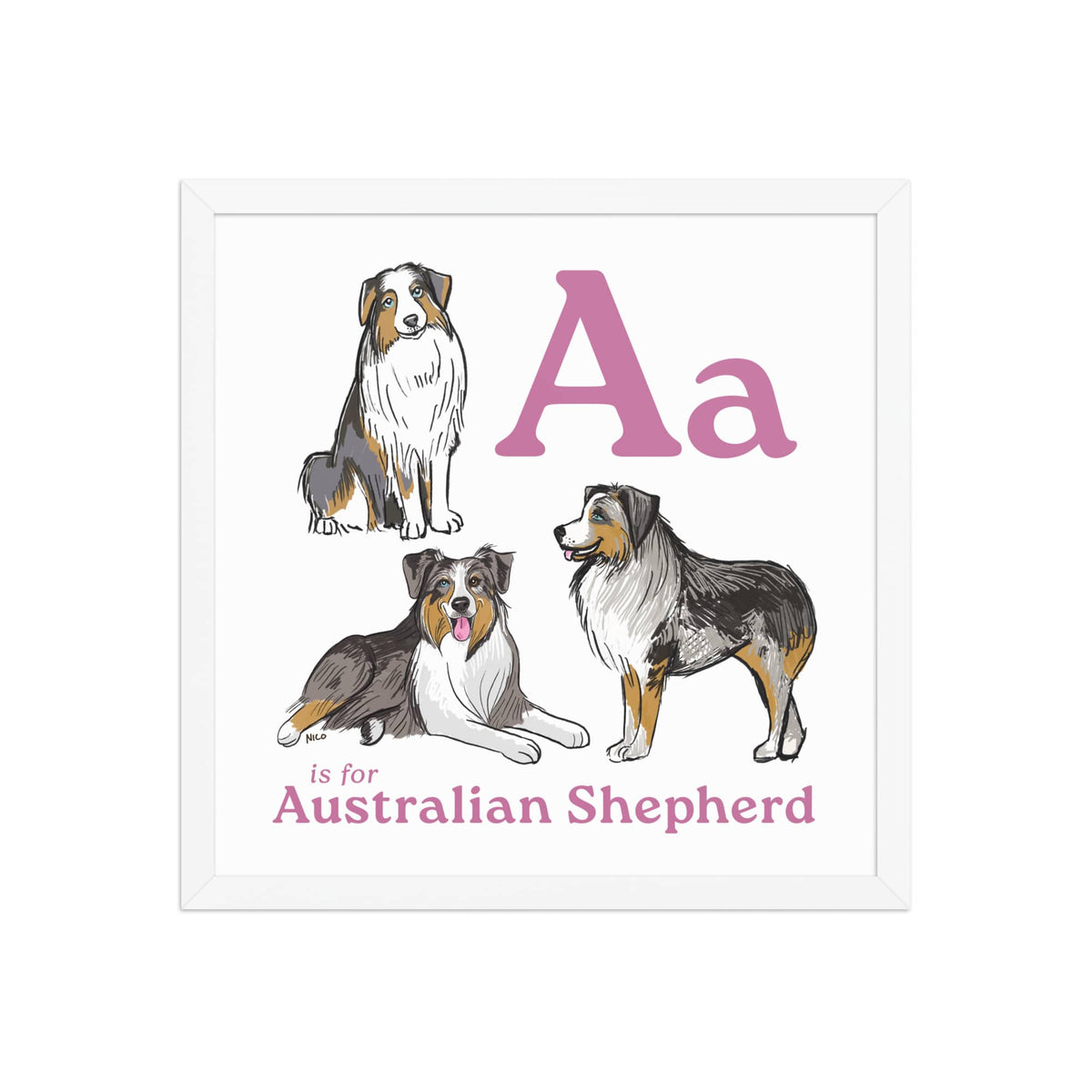 16″×16″ A is for Australian Shepherd Framed Print | Kids Room Art