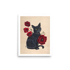 8″×10″ Black Cat with Red Poppies Art Print
