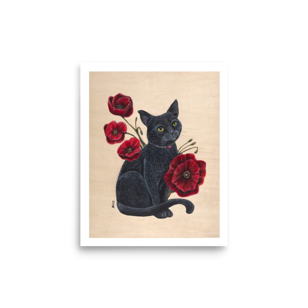8″×10″ Black Cat with Red Poppies Art Print