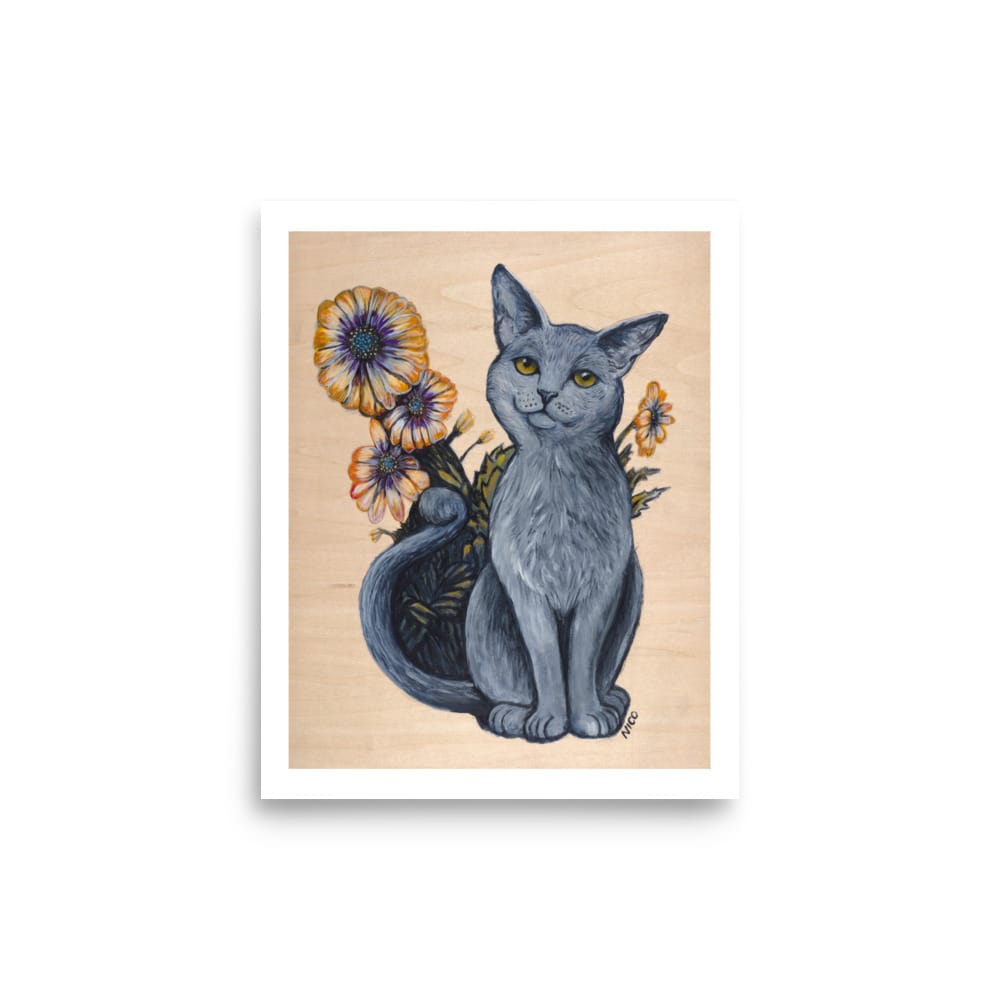 8″×10″ Grey Cat with African Daisies Art Print