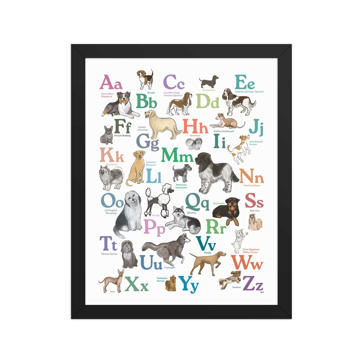 Black / 11″×14″ Dog Breed ABCs Framed Art Print