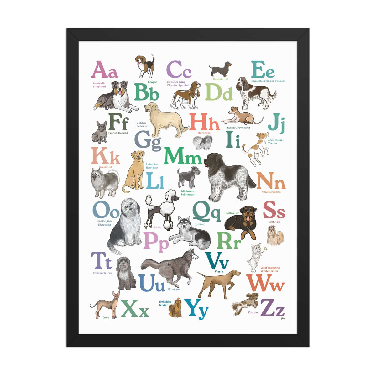 Black / 18″×24″ Dog Breed ABCs Framed Art Print