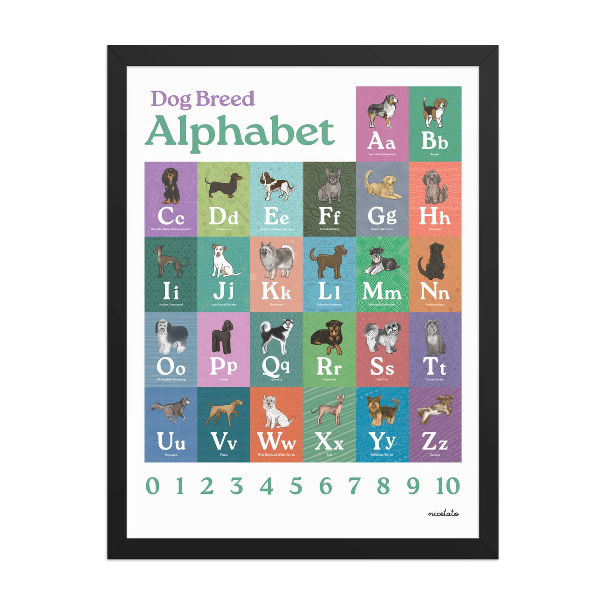 Black / 18″×24″ Dog Breed Alphabet Framed Art Print