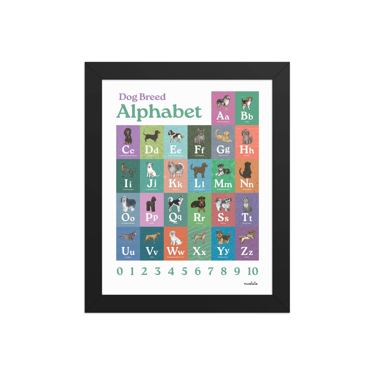 Black / 8″×10″ Dog Breed Alphabet Framed Art Print