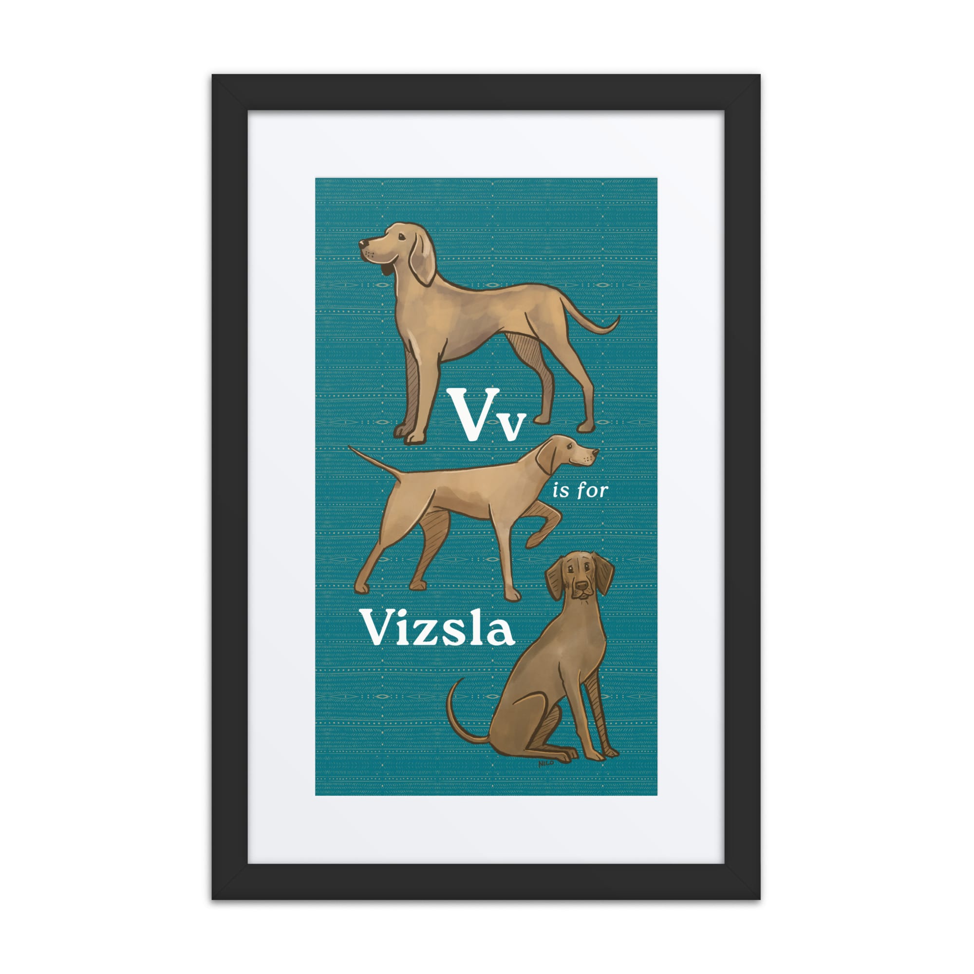 Black V is for Vizsla - Framed Dog Alphabet Print for Kids Room