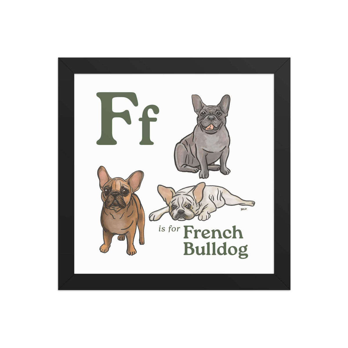 FRAMED-POSTER Black / 10″×10″ F is for French Bulldog Framed Print | Kids Room Art