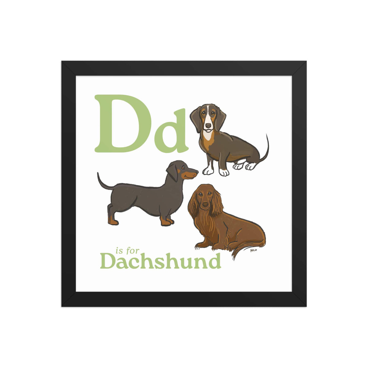 FRAMED-POSTER Black / 12″×12″ D is for Dachshund | Dog Breed ABCs Framed Art Print