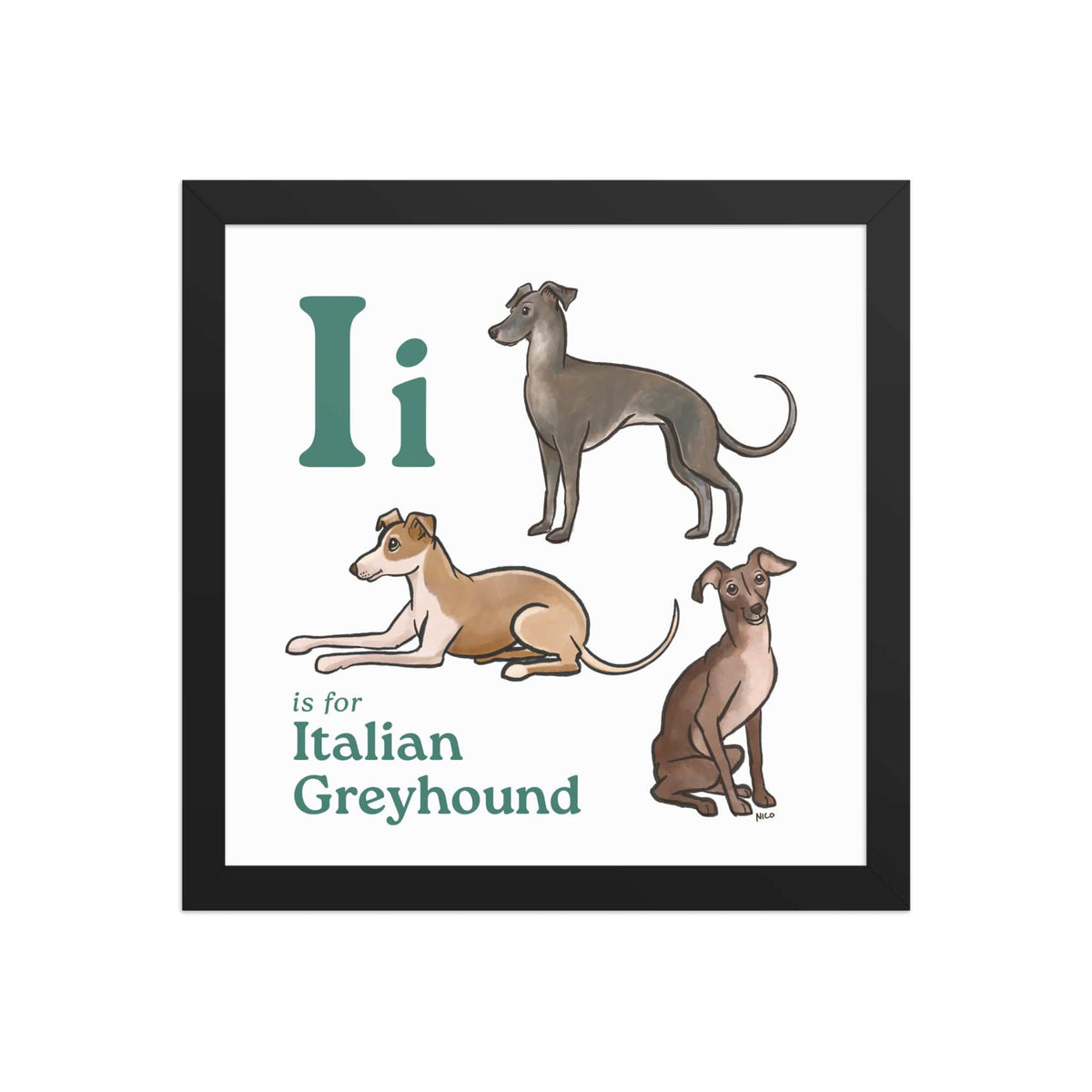 FRAMED-POSTER Black / 12″×12″ I is for Italian Greyhound Framed Print | Kids Room Art