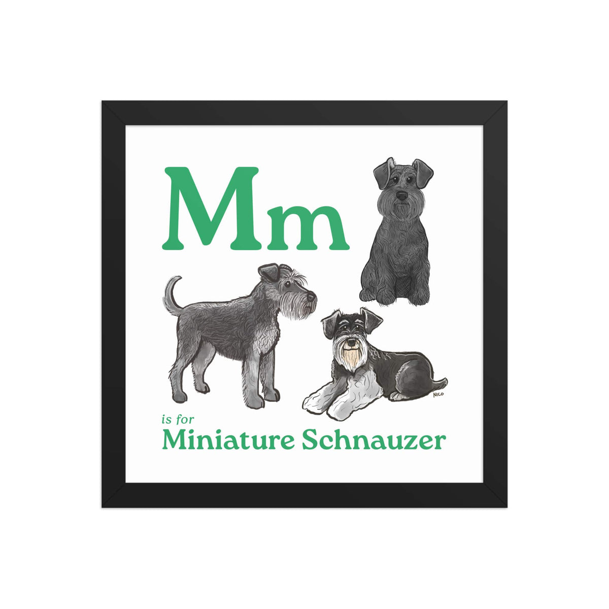 FRAMED-POSTER Black / 12″×12″ M is for Miniature Schnauzer Framed Print | Kids Room Art