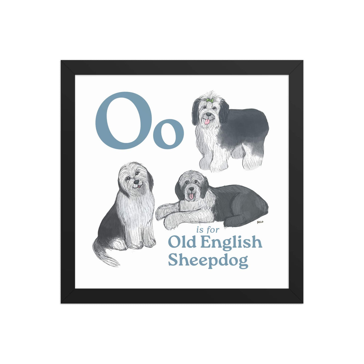 FRAMED-POSTER Black / 12″×12″ O is for Old English Sheepdog Framed Print | Kids Room Art