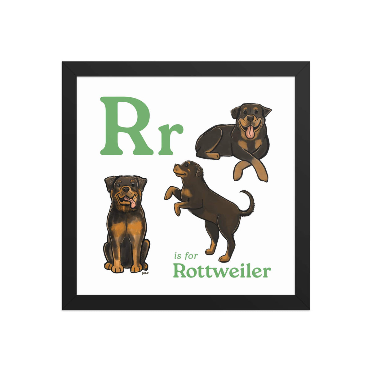 FRAMED-POSTER Black / 12″×12″ R is for Rottweiler Framed Print | Kids Room Art