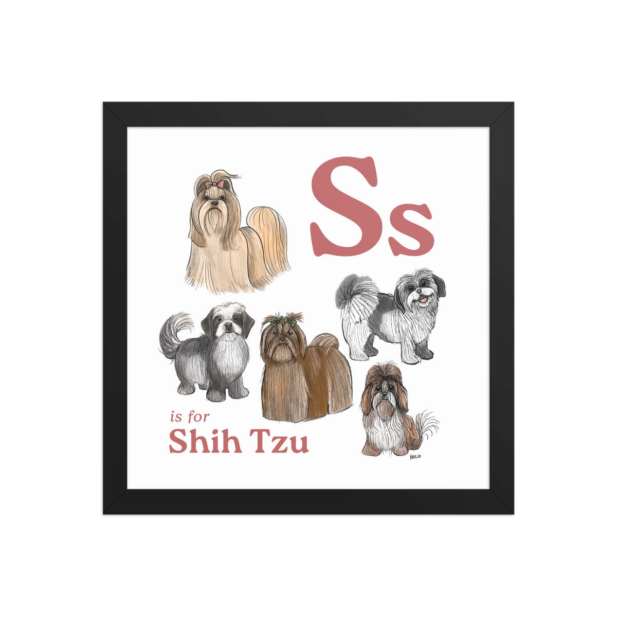 FRAMED-POSTER Black / 12″×12″ S is for Shih Tzu Framed Print | Kids Room Art