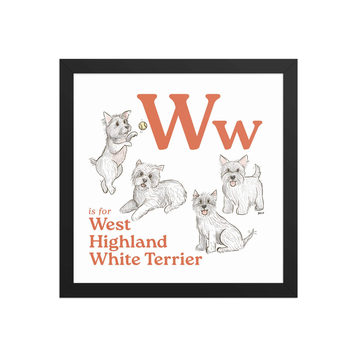 FRAMED-POSTER Black / 12″×12″ W is for West Highland White Terrier Framed Art Print | Kids Room Art