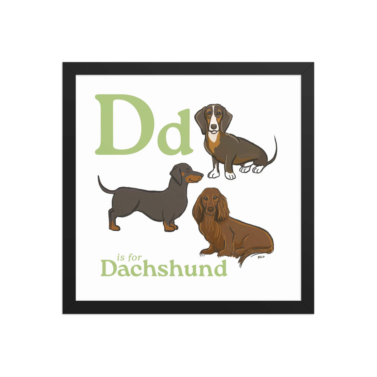 FRAMED-POSTER Black / 14″×14″ D is for Dachshund | Dog Breed ABCs Framed Art Print