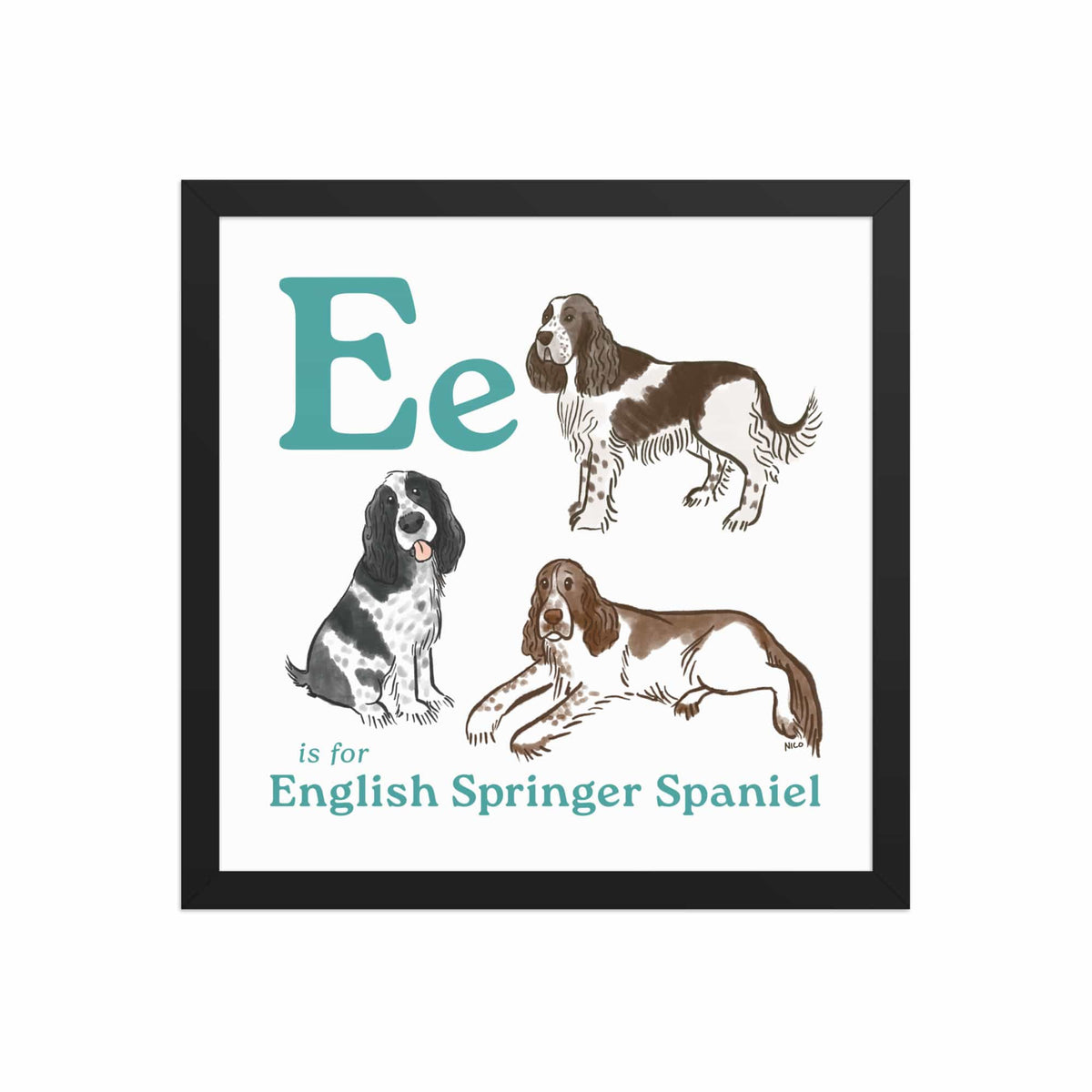 FRAMED-POSTER Black / 14″×14″ E is for Springer Framed Print | Kids Room Art
