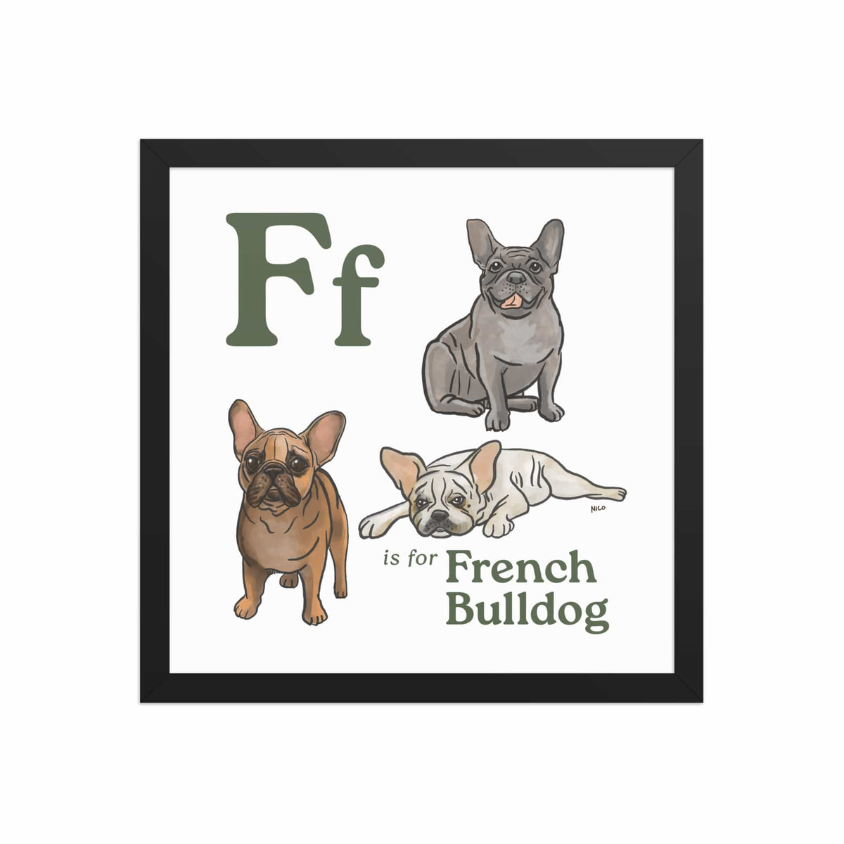 FRAMED-POSTER Black / 14″×14″ F is for French Bulldog Framed Print | Kids Room Art