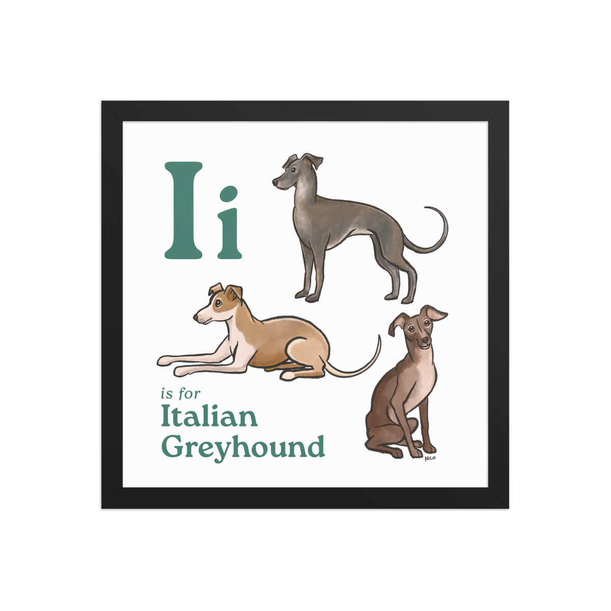 FRAMED-POSTER Black / 14″×14″ I is for Italian Greyhound Framed Print | Kids Room Art