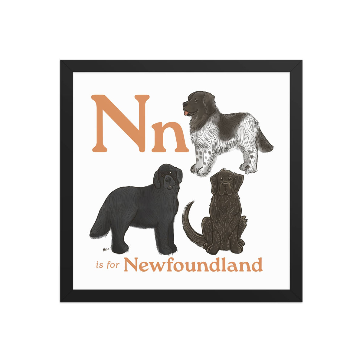 FRAMED-POSTER Black / 14″×14″ N is for Newfoundland Framed Print | Kids Room Art