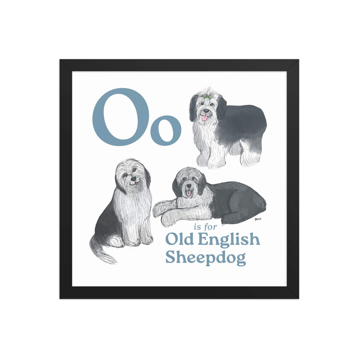 FRAMED-POSTER Black / 14″×14″ O is for Old English Sheepdog Framed Print | Kids Room Art