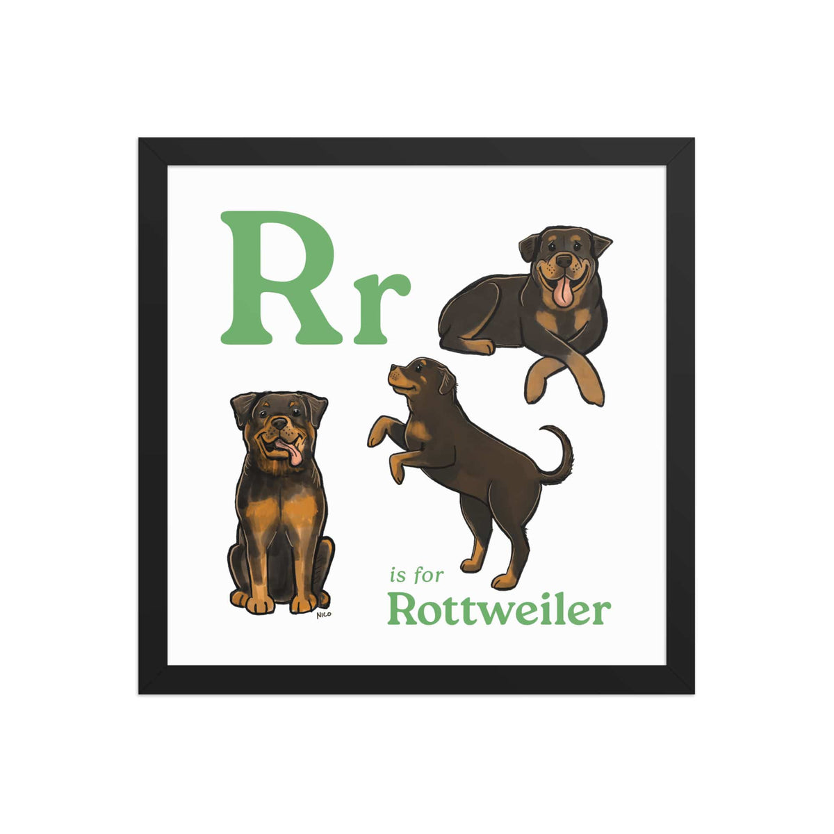 FRAMED-POSTER Black / 14″×14″ R is for Rottweiler Framed Print | Kids Room Art