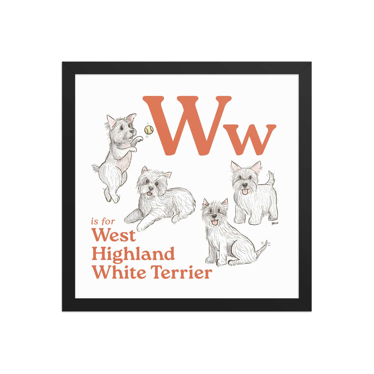 FRAMED-POSTER Black / 14″×14″ W is for West Highland White Terrier Framed Art Print | Kids Room Art