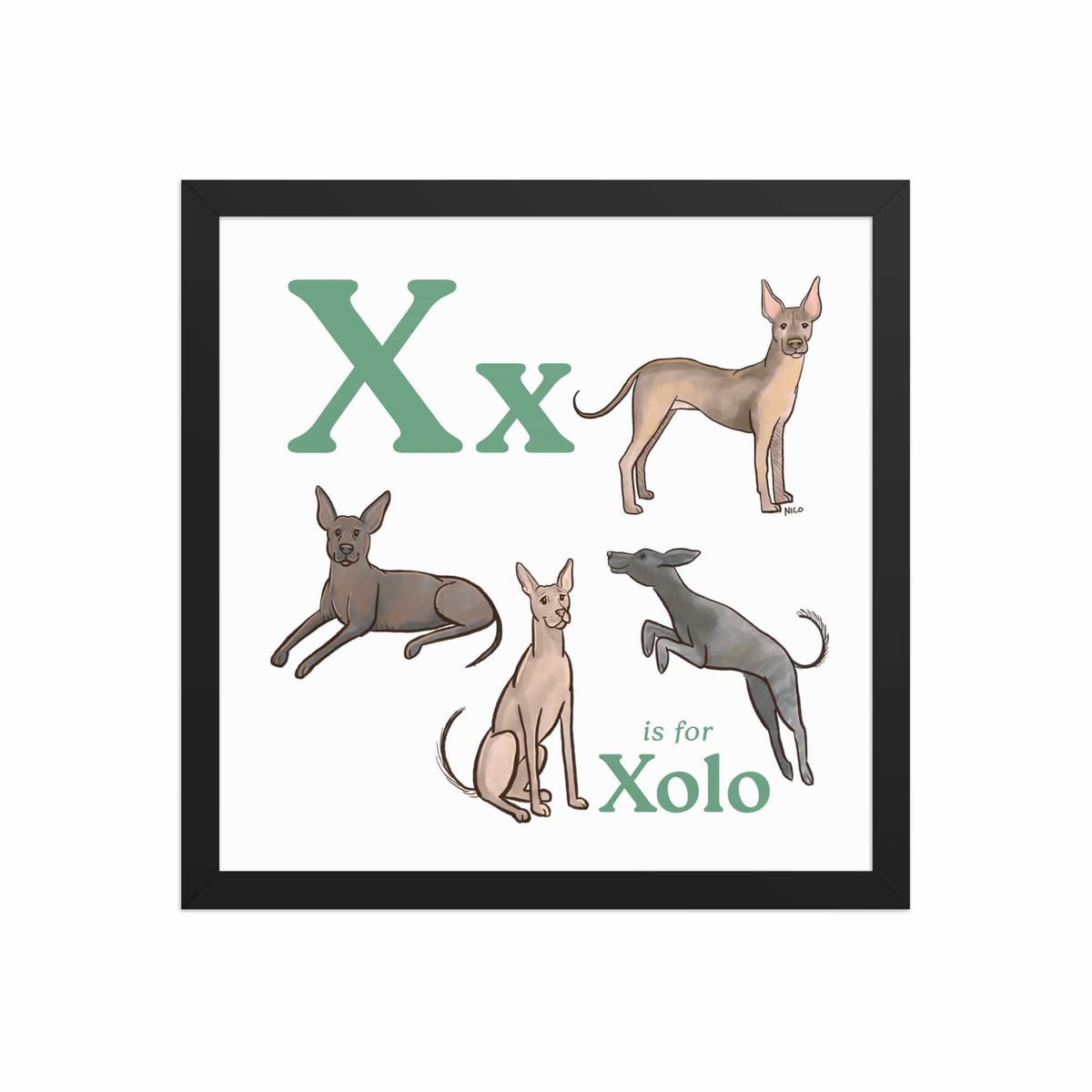 FRAMED-POSTER Black / 14″×14″ X is for Xolo Framed Art Print | Kids Room Art