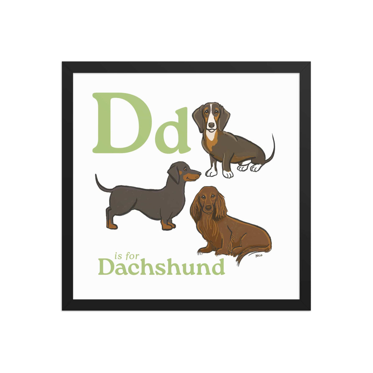 FRAMED-POSTER Black / 16″×16″ D is for Dachshund | Dog Breed ABCs Framed Art Print