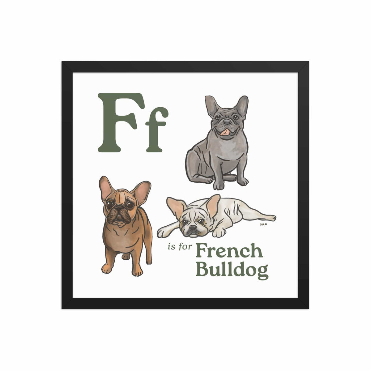 FRAMED-POSTER Black / 16″×16″ F is for French Bulldog Framed Print | Kids Room Art
