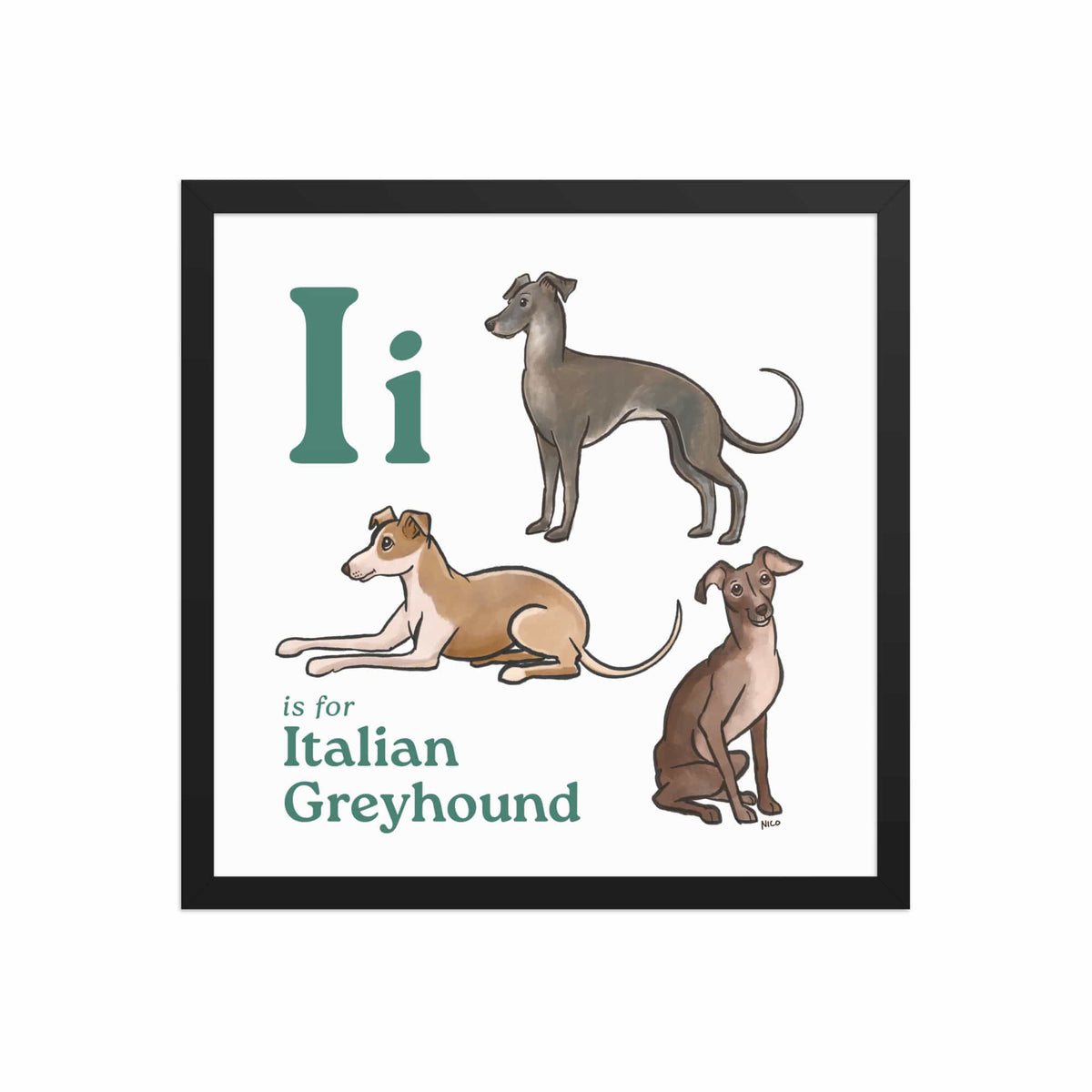 FRAMED-POSTER Black / 16″×16″ I is for Italian Greyhound Framed Print | Kids Room Art