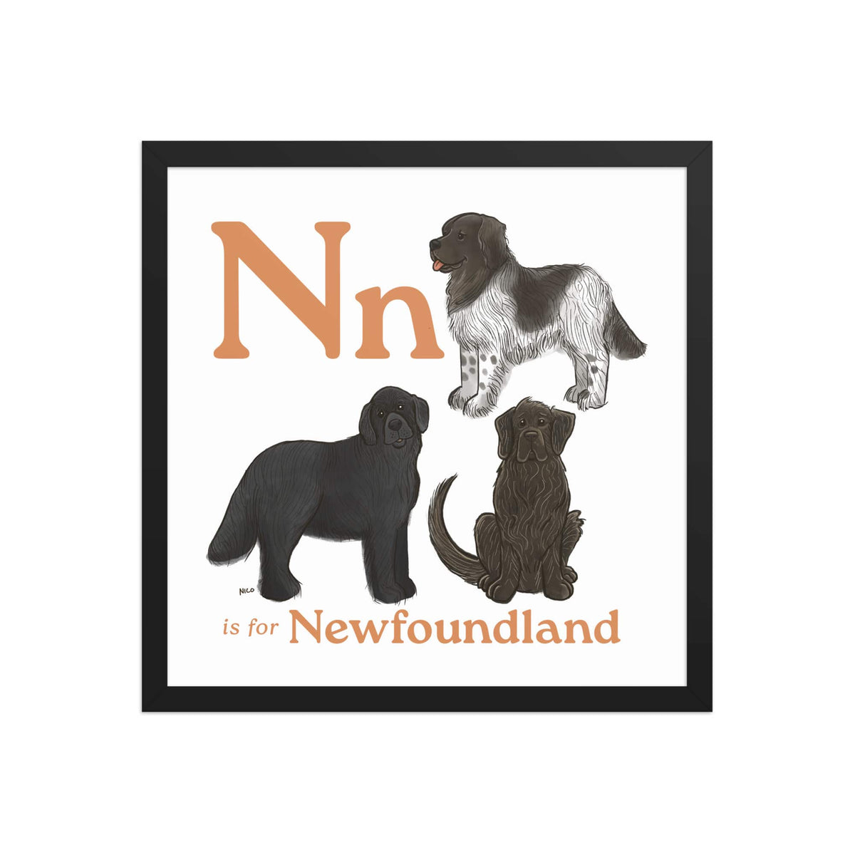 FRAMED-POSTER Black / 16″×16″ N is for Newfoundland Framed Print | Kids Room Art