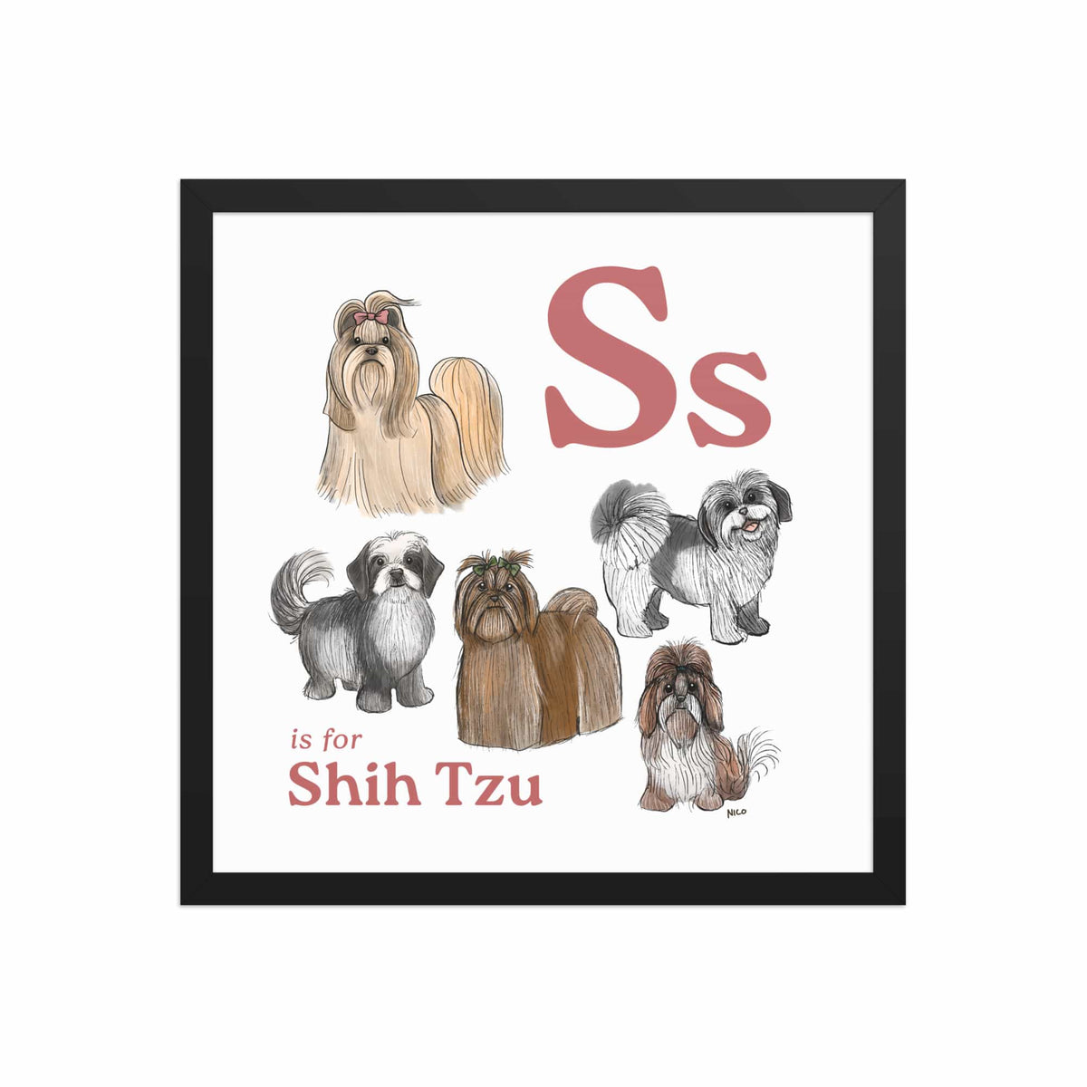 FRAMED-POSTER Black / 16″×16″ S is for Shih Tzu Framed Print | Kids Room Art