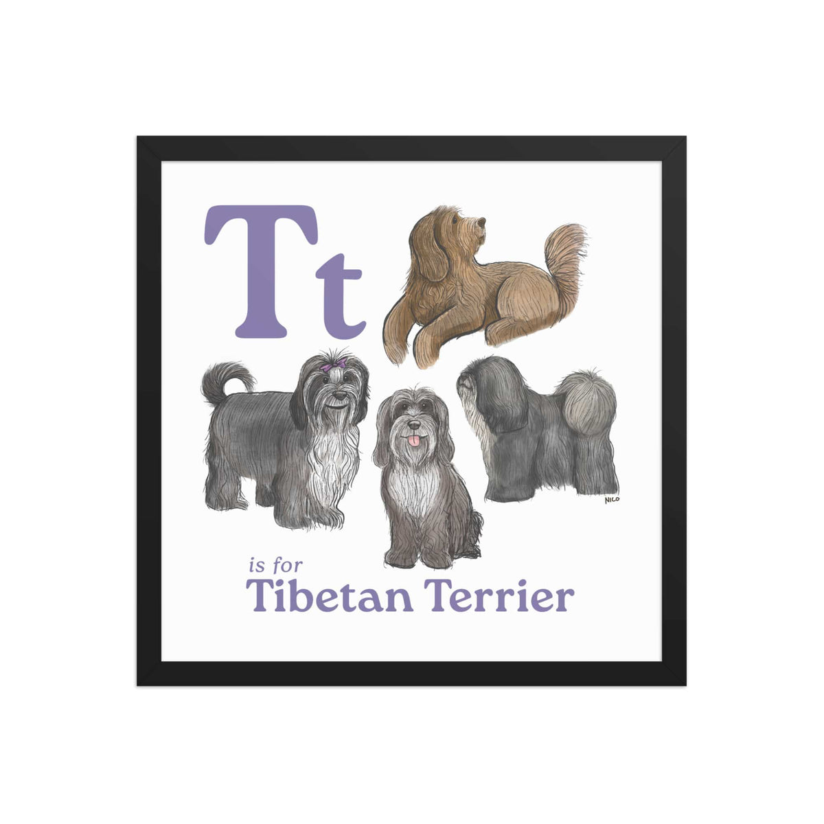 FRAMED-POSTER Black / 16″×16″ T is for Tibetan Terrier Framed Print | Kids Room Art