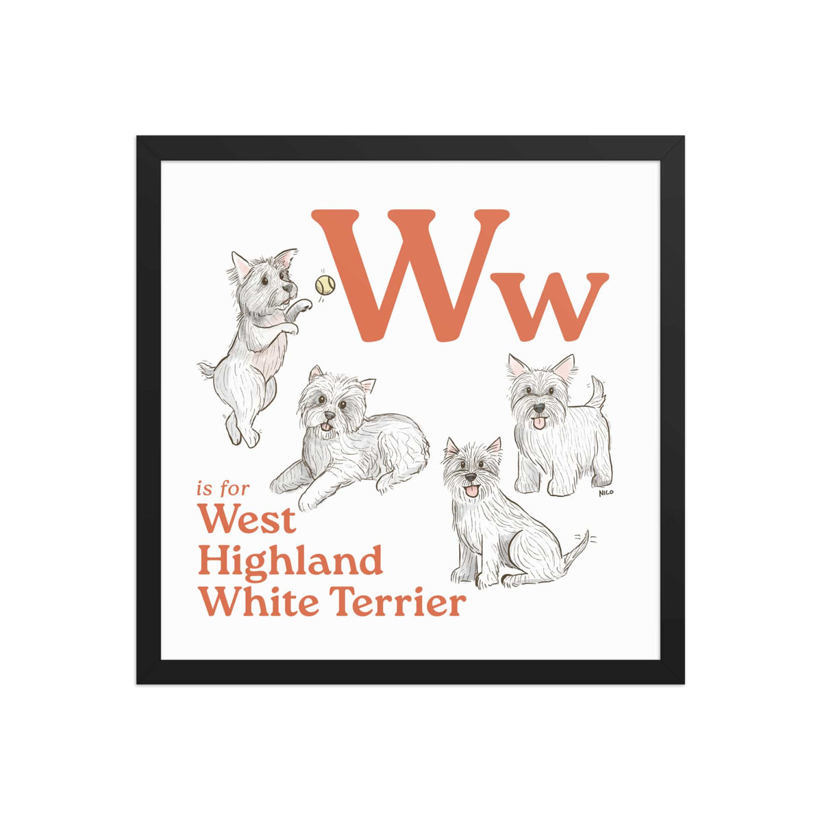 FRAMED-POSTER Black / 16″×16″ W is for West Highland White Terrier Framed Art Print | Kids Room Art