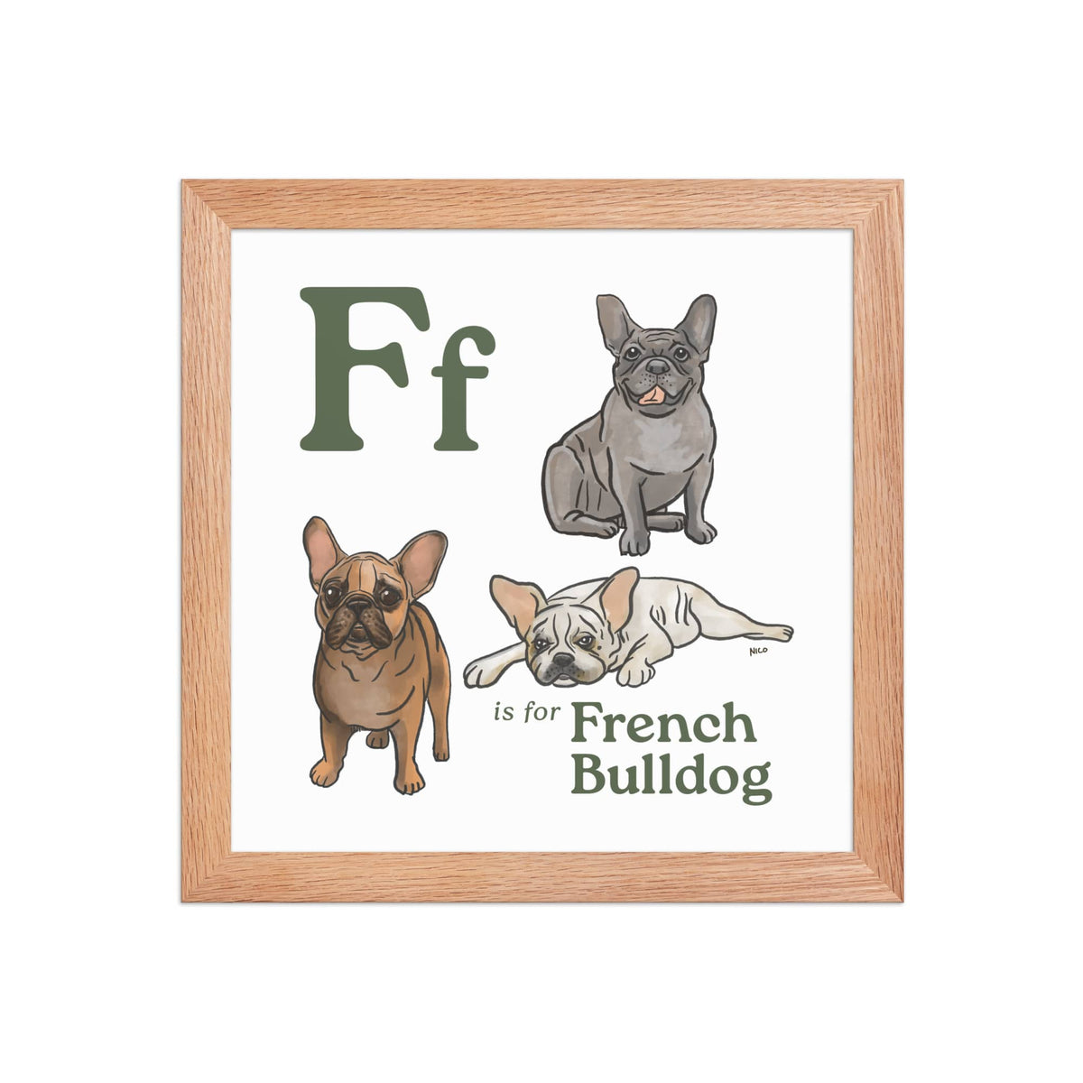FRAMED-POSTER Red Oak / 10″×10″ F is for French Bulldog Framed Print | Kids Room Art
