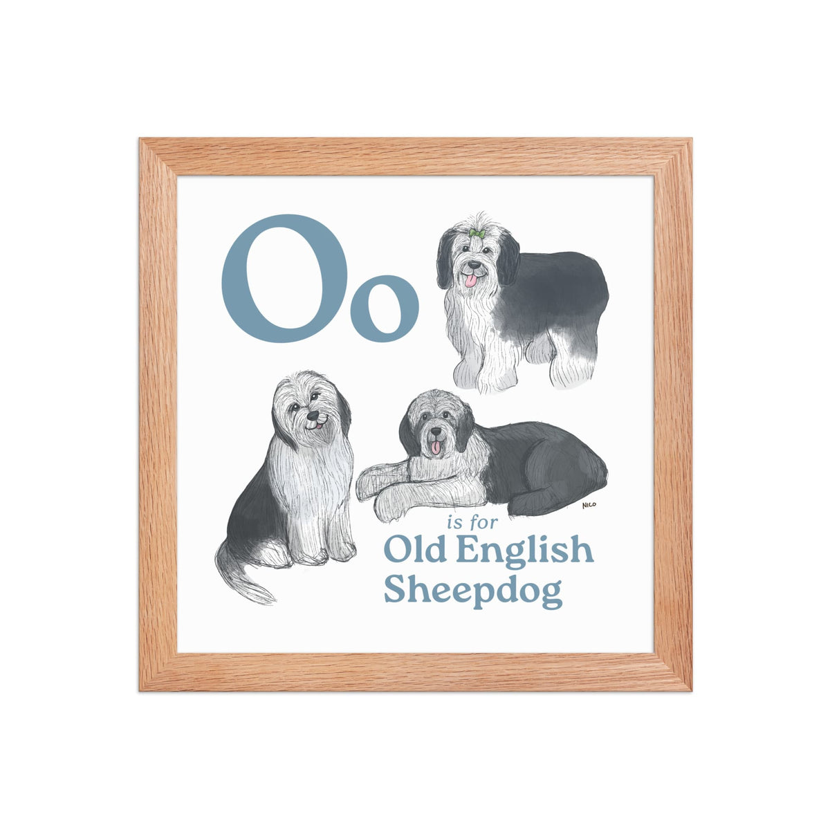 FRAMED-POSTER Red Oak / 10″×10″ O is for Old English Sheepdog Framed Print | Kids Room Art