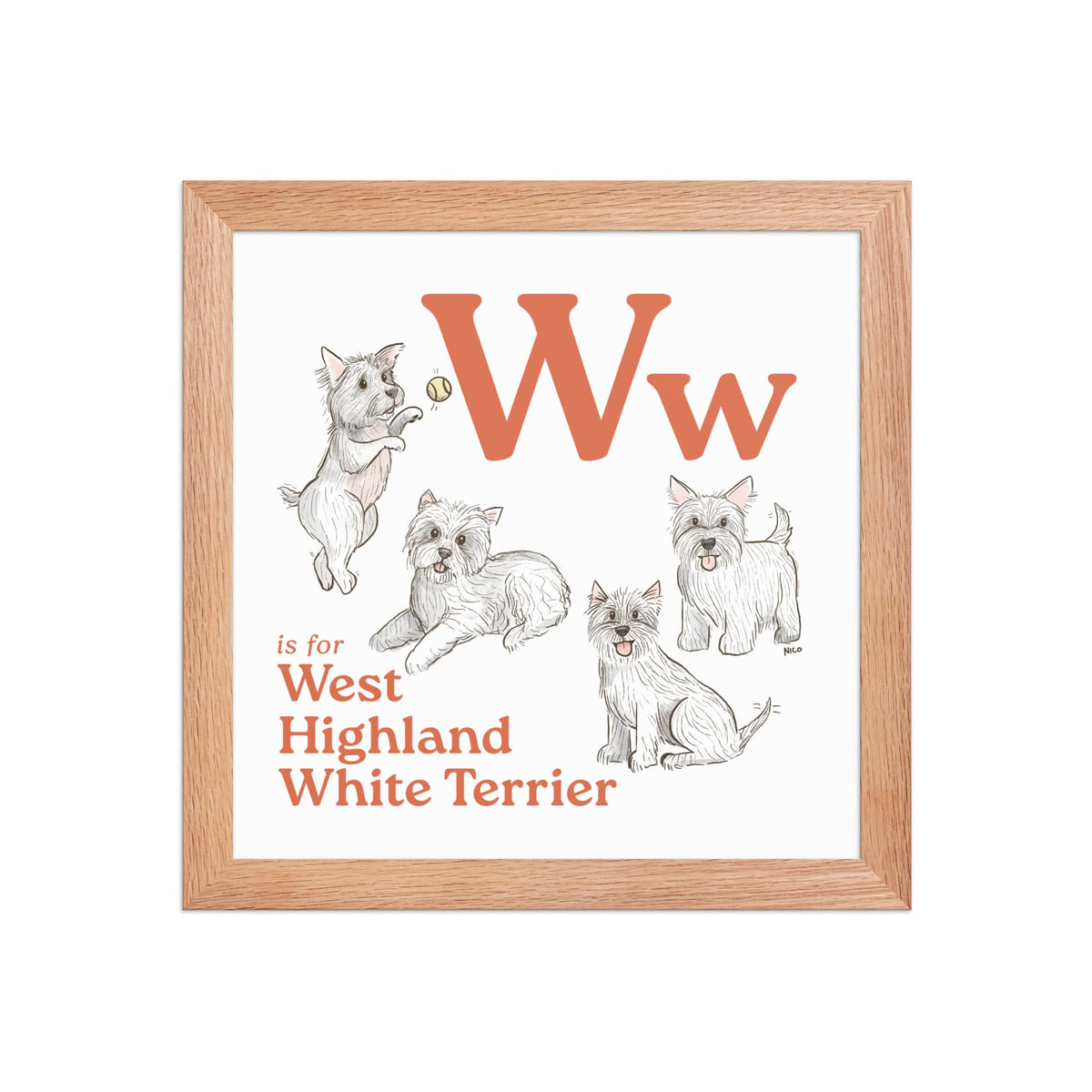 FRAMED-POSTER Red Oak / 10″×10″ W is for West Highland White Terrier Framed Art Print | Kids Room Art