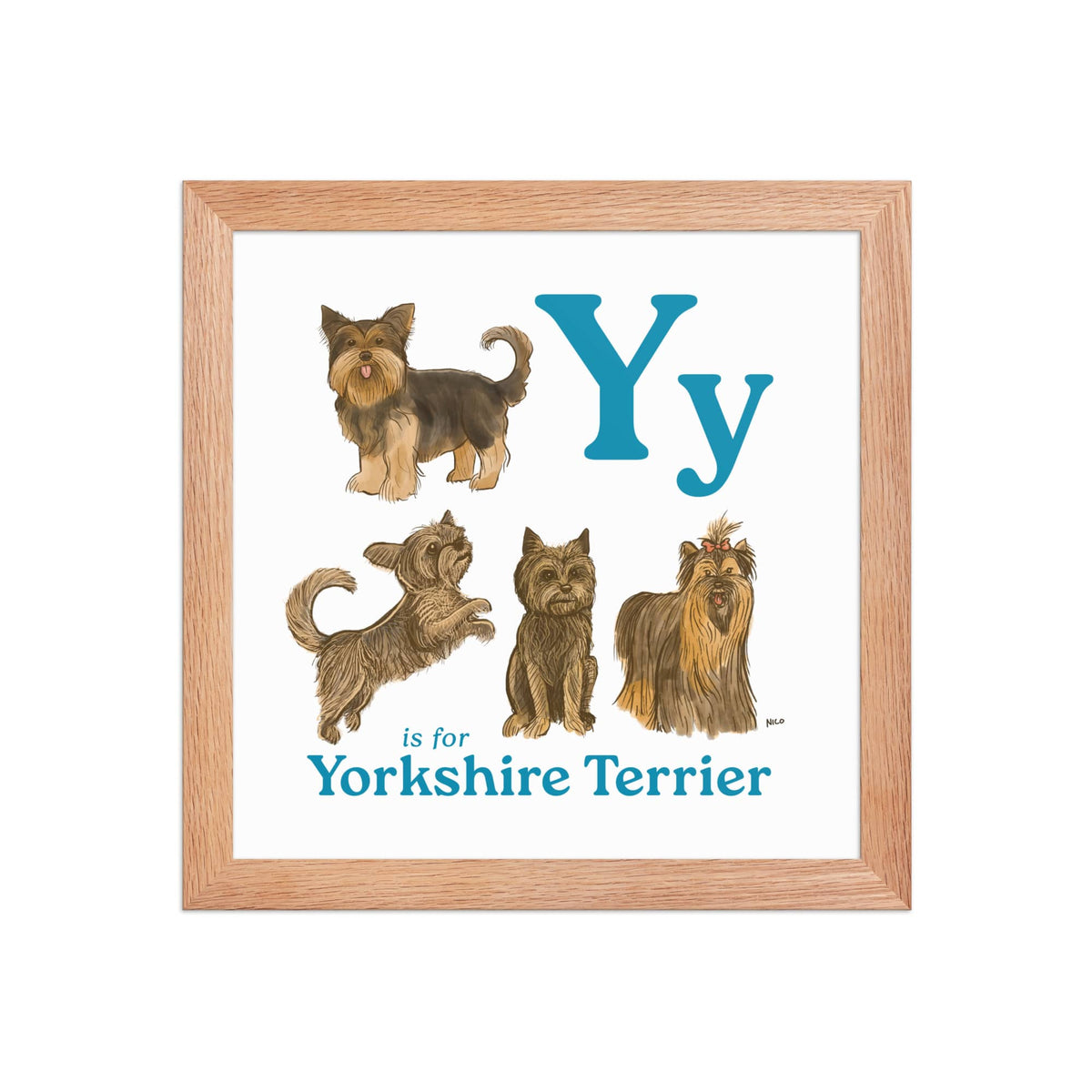 FRAMED-POSTER Red Oak / 10″×10″ Y is for Yorkshire Terrier Framed Art Print | Kids Room Art