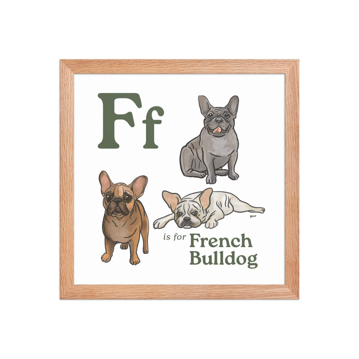 FRAMED-POSTER Red Oak / 12″×12″ F is for French Bulldog Framed Print | Kids Room Art
