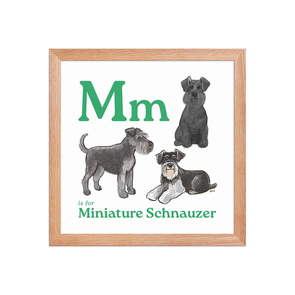 FRAMED-POSTER Red Oak / 12″×12″ M is for Miniature Schnauzer Framed Print | Kids Room Art