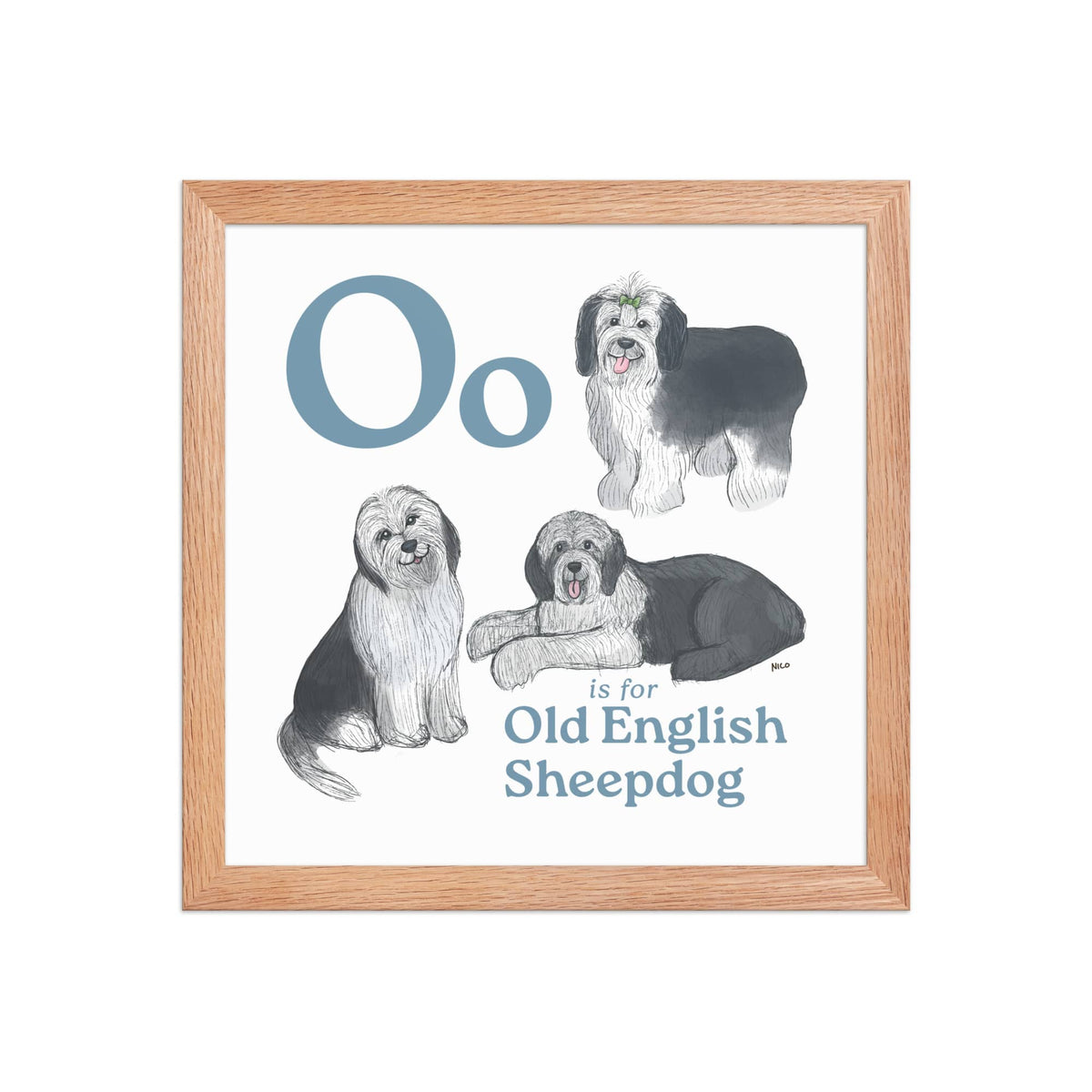 FRAMED-POSTER Red Oak / 12″×12″ O is for Old English Sheepdog Framed Print | Kids Room Art