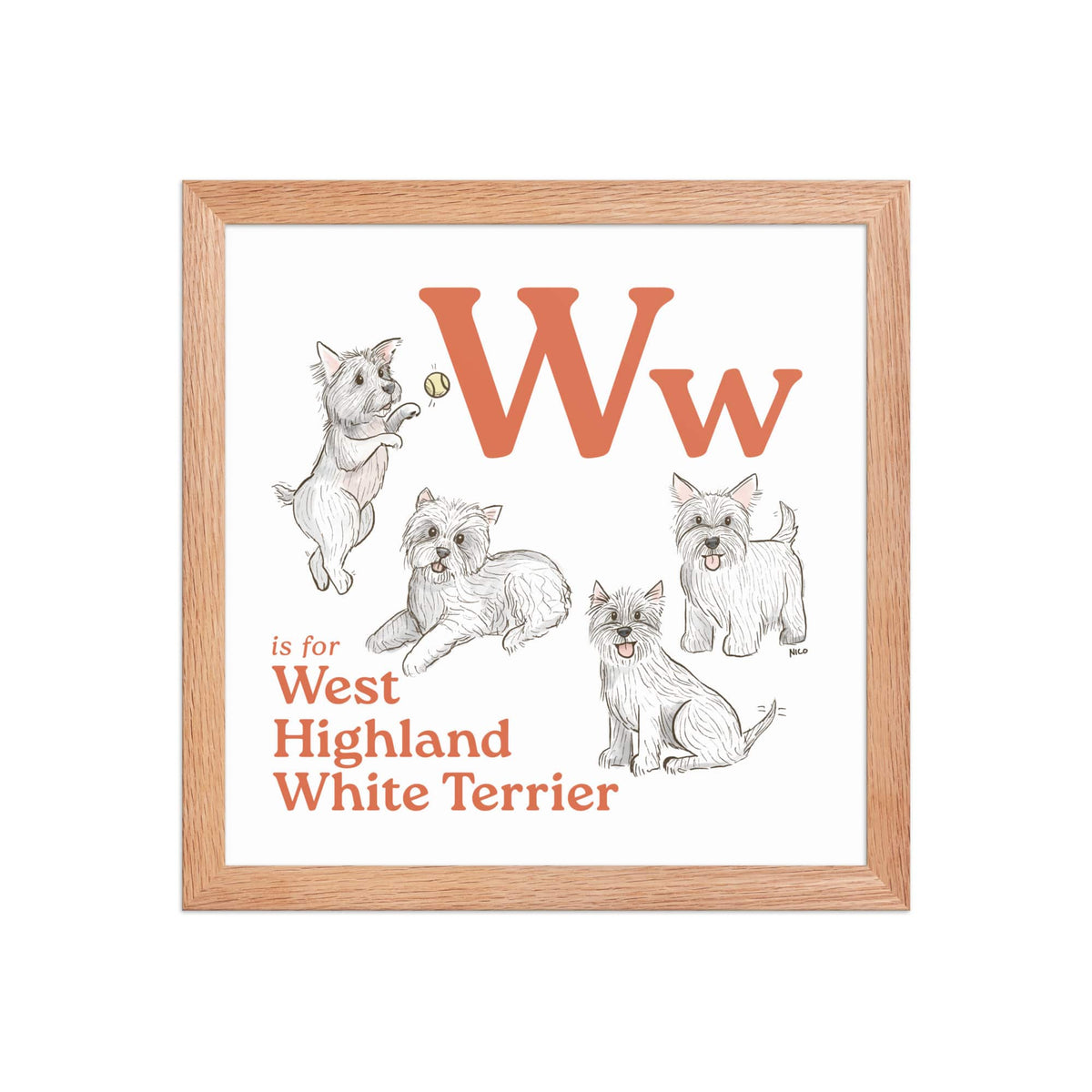 FRAMED-POSTER Red Oak / 12″×12″ W is for West Highland White Terrier Framed Art Print | Kids Room Art