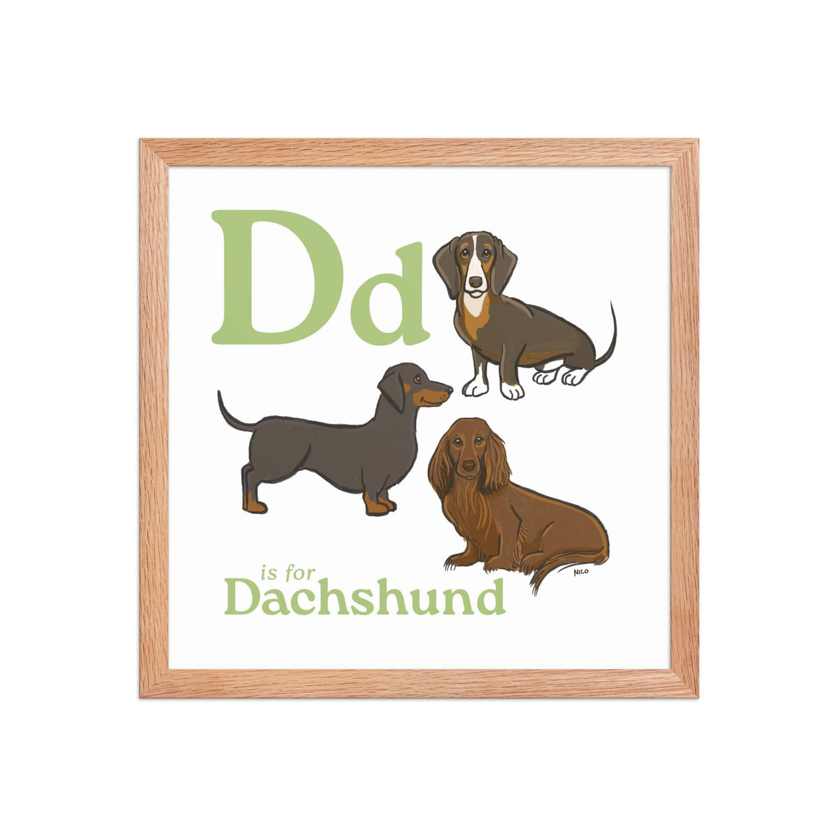 FRAMED-POSTER Red Oak / 14″×14″ D is for Dachshund | Dog Breed ABCs Framed Art Print