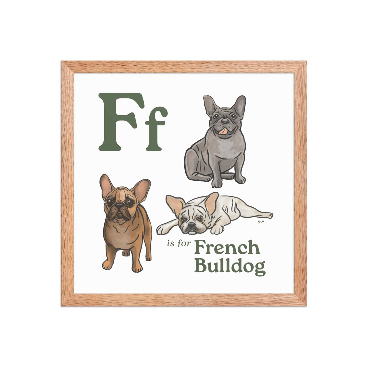 FRAMED-POSTER Red Oak / 14″×14″ F is for French Bulldog Framed Print | Kids Room Art