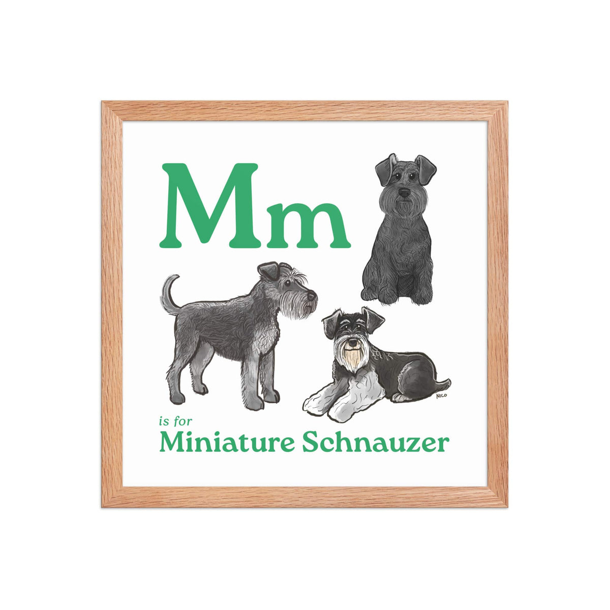 FRAMED-POSTER Red Oak / 14″×14″ M is for Miniature Schnauzer Framed Print | Kids Room Art